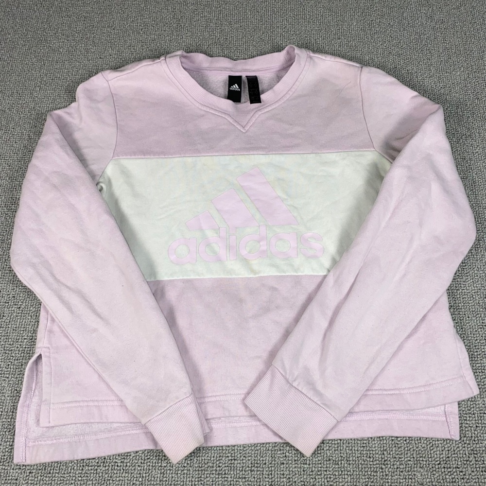 Adidas Sweatshirt Womens Medium Pink White Colorblock Logo Pullover Long Sleeve